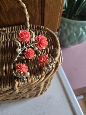 Vintage Coral Flower Pearl Branch Statement Brooch And Matching Earrings
